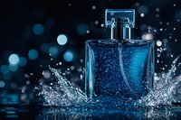 Blue glass perfume bottle with water splash and bokeh effect on dark background, luxury fragrance product photography for cosmetic advertising and beauty campaigns.