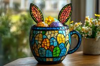 Easter mosaic mug with bunny ears and colorful stained glass pattern filled with decorated eggs on wooden table near window with spring flowers.