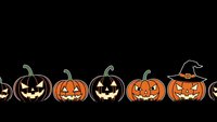 Halloween pumpkins jack-o-lanterns border with witch hat on black background for spooky seasonal decorations and party designs.
