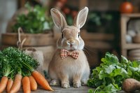 Adorable bunny wearing checkered bow tie sits among fresh vegetables and carrots in rustic kitchen setting, creating charming farm-to-table atmosphere.