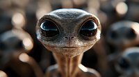 Extraterrestrial alien head with large black eyes and textured skin in close-up view. Science fiction creature concept for fantasy and space-themed projects.