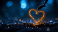 Glowing heart shape drawn with sparklers against dark background with blue bokeh lights, romantic magical atmosphere for Valentine's Day or wedding design.