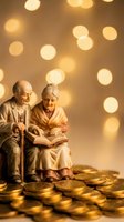 Elderly couple sitting on golden coins reading book together with warm bokeh lights background representing financial security and retirement planning.