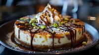Creamy cheesecake slice topped with caramel sauce, chocolate drizzle, whipped cream and crushed pistachios served on rustic plate with dark background.