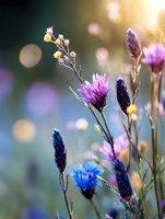 Delicate wildflowers in purple and blue tones against soft bokeh background, with cornflowers and small buds creating dreamy summer meadow atmosphere.
