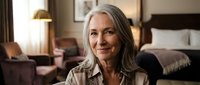 Confident mature Caucasian woman with long gray hair smiling warmly in modern bedroom interior. Professional portrait for lifestyle and wellness content.