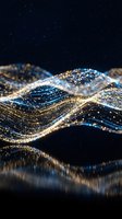 Abstract flowing wave made of golden and blue glittering particles on dark starry background for luxury digital art and technology concepts.