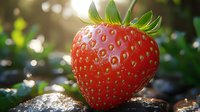 Fresh ripe strawberry with water drops in sunlight, macro shot showing detailed texture and natural bokeh background, organic produce concept.
