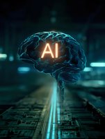Glowing digital brain with AI text illuminated from within, hovering over circuit board pathways in dark tech environment.