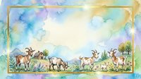 Watercolor illustration of deer herd grazing in pastoral landscape with wildflowers and trees, featuring soft blue and green tones, ideal for nature-themed designs and children's publications.