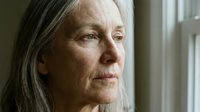 Senior woman with long gray hair gazing thoughtfully toward window light, showing natural facial features and wrinkles, suitable for aging, wellness, and lifestyle editorial content.
