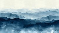 Atmospheric misty mountain ranges in watercolor style, perfect for wall art and interior design. Layered blue monochrome landscape creates a serene, minimalist composition.