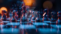 Chess pieces on reflective surface with digital technology overlay in blue and orange tones, strategic business concept visualization for presentations and marketing.