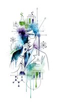 Male scientist in lab coat with watercolor splash effects surrounded by chemistry equipment and molecular structures on white background.