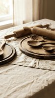 Rustic wooden kitchen utensils and rolling pins arranged on flour-dusted surface in warm natural light for cooking and baking projects.