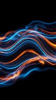 Abstract flowing waves of blue and orange neon light streaking across black background. Smooth liquid motion effect with glowing energy lines for modern design, technology, and creative projects.