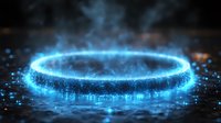 Glowing blue energy ring with magical particles and smoke effects floating above reflective dark surface creates mystical atmosphere.