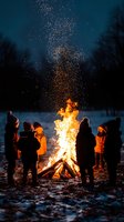 Group of people gathered around large bonfire at night with sparks flying up into dark sky during winter outdoor celebration.