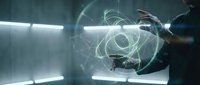 Futuristic holographic interface with glowing green energy circles and light effects in dark technological environment for sci-fi design projects.