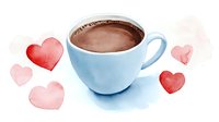 Hot chocolate in light blue ceramic cup surrounded by watercolor red and pink heart shapes on white background, romantic beverage illustration for Valentine's day.