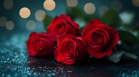 Red roses with water droplets on dark surface with bokeh lights background for romantic occasions and Valentine's Day celebrations.
