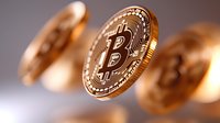 Shiny golden cryptocurrency coins floating in space with selective focus on center coin showing detailed bitcoin symbol and pattern on blurred background.
