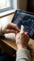 Senior male investor analyzing stock market data on tablet displaying trading charts with candlestick graphs and financial indicators while holding gold chain at wooden desk near window.