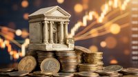 Classical bank building model on stacked coins with golden financial charts background representing economic growth and investment success.