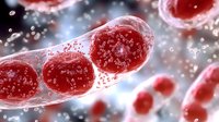 Microscopic view of streptococcus bacteria chain in red coloring against blurred background with water droplets and light effects, medical science visualization.