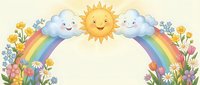 Cheerful sun and smiling clouds with rainbow arch over colorful spring flowers on cream background. Cute weather elements for children designs and nursery decor.