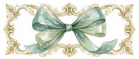 Elegant sage green watercolor ribbon bow with ornate golden baroque frame border for wedding invitations, greeting cards and festive decorations.
