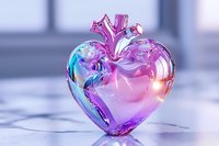 Iridescent glass heart with holographic effect and crown detail glows with pink and blue hues against soft blurred background, romantic decorative element.