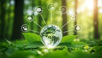 Glass globe on green leaves with environmental icons connected by lines representing sustainability and eco-friendly business solutions in nature.