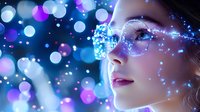 Young Asian woman in glasses looking up with dreamy expression against blue and purple bokeh lights background, magical sparkles and glowing effects around face.