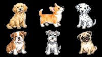 Cute puppy clipart set with six dog breeds isolated on transparent background, ready for stickers, t-shirt design, print on demand, and sublimation crafts.