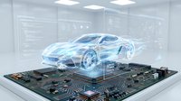 Futuristic holographic car projection above computer circuit board in modern laboratory showcasing automotive technology and digital innovation concepts.