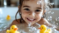 Young Asian girl smiling during bath time with yellow rubber ducks and water splashes, capturing pure joy and playful childhood moments in bathroom setting.