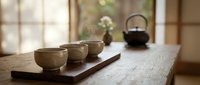 Traditional tea ceremony setup with ceramic bowls and iron teapot on wooden table in serene room with natural lighting for mindfulness and meditation practices.