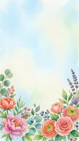 Soft watercolor floral border with roses, peonies, lavender, and berries on a pastel blue background, perfect for cards and invitations.