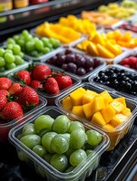 Fresh fruit assortment in plastic containers including strawberries, grapes, mango, and berries arranged in rows, ready for healthy snacking or catering service.