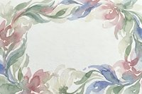 Watercolor floral frame with soft pink and purple flowers, green leaves on textured paper background for wedding invitations and romantic designs.