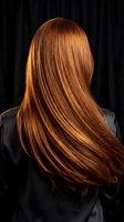 Woman with long flowing auburn hair showcasing rich copper highlights and smooth texture against dark background for beauty and haircare concepts.