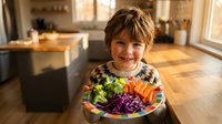 Happy young boy holding colorful vegetable bowl in modern kitchen promoting healthy eating habits and nutrition education for children.