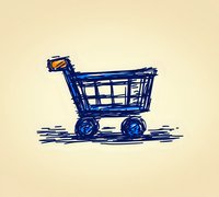 Blue sketched shopping cart on beige background, hand-drawn style with rough artistic strokes, isolated design element for retail and commerce concepts.