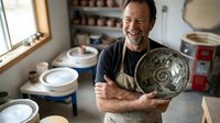 Middle-aged male artisan with dark hair and facial hair, wearing a black shirt and tan apron, holding an ornate ceramic bowl in a pottery studio workshop. Shelves display finished pottery pieces behind him with natural light from windows.