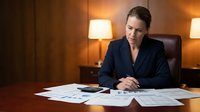 Professional businesswoman in dark suit reviewing documents at executive desk in warm office lighting for corporate presentations and business communications.