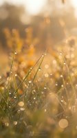 Morning dew drops on fresh green grass blades with golden sunrise bokeh light creating dreamy natural background for wellness and meditation concepts.