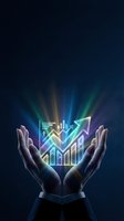 Hands holding glowing neon financial growth chart with upward arrow and bar graph symbols, representing business success, investment returns, and data analytics for corporate presentations.