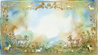 Young goats and various wildlife animals gather in pastoral landscape with ornate golden decorative border frame, suitable for children's book illustrations and vintage design projects.