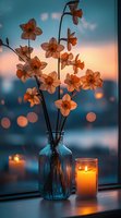 Delicate daffodils in blue glass vase next to glowing candle on windowsill at sunset, creating cozy atmosphere with soft bokeh lights and peaceful evening mood.